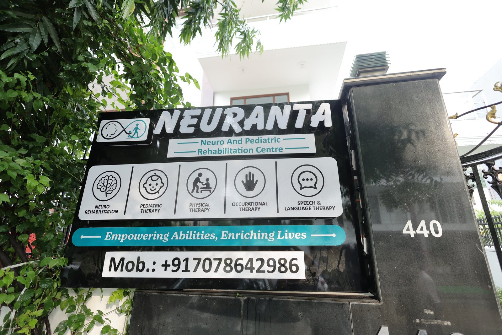 Neuranta Neuro and Pediatric Rehabilitation Centre signboard at the entrance to plot 440, Sector 39 Gurugram
